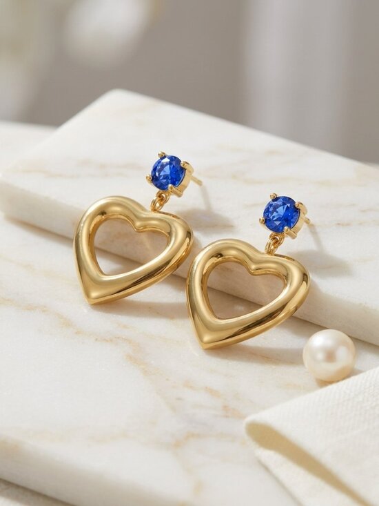 NKULTD Jewelry - 18K Gold Plated Puffy Heart Drop Earrings Blue CZ Stud Coquette Glam Statement